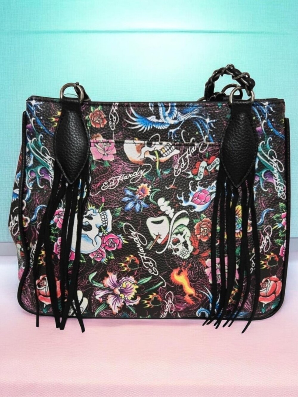 Ed Hardy NWT! Tattoo Print Fringed Shoulder Bag/Satchel - Picture 2 of 12